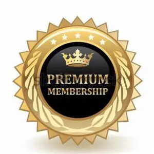 A gold and black badge with the words " premium membership ".
